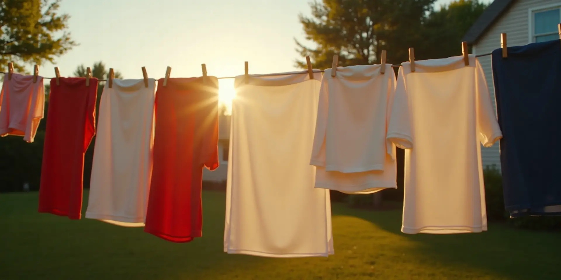 White sheets and red and blue garments drying on a backyard clothesline in golden evening light