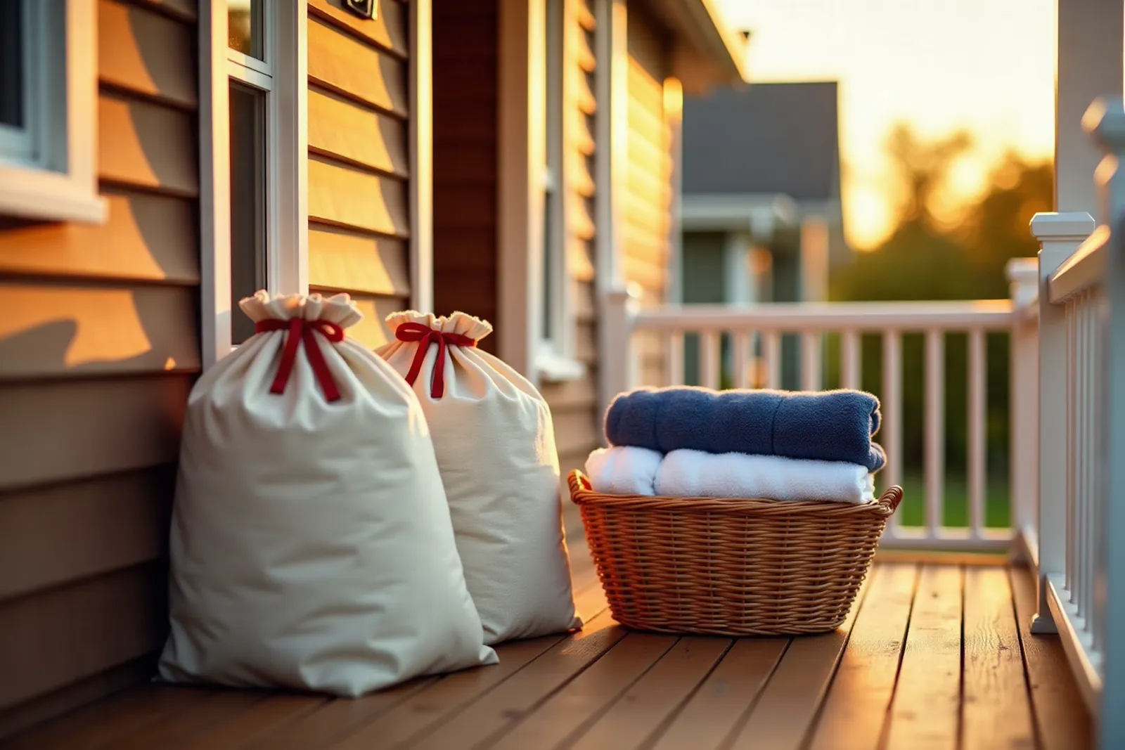 Two canvas laundry bags with red drawstrings and a basket of folded towels waiting on a front porch at sunset