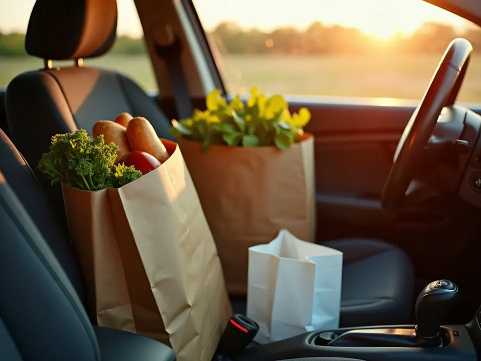 Paper grocery bags with fresh produce buckled into a car passenger seat