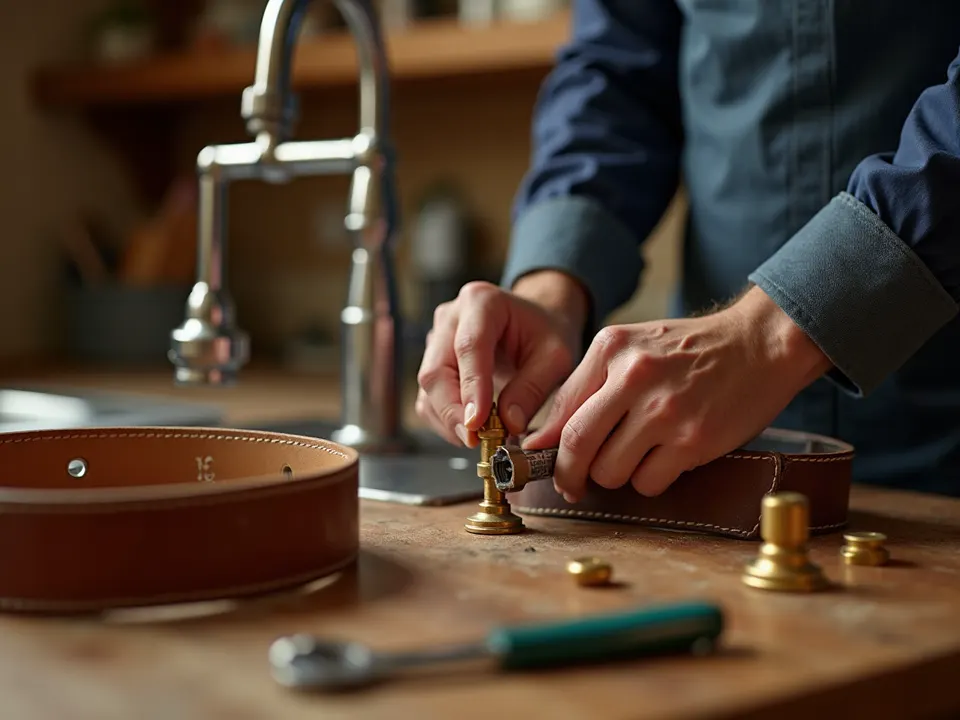 Hands tightening a kitchen faucet fitting on a workbench beside a leather tool belt