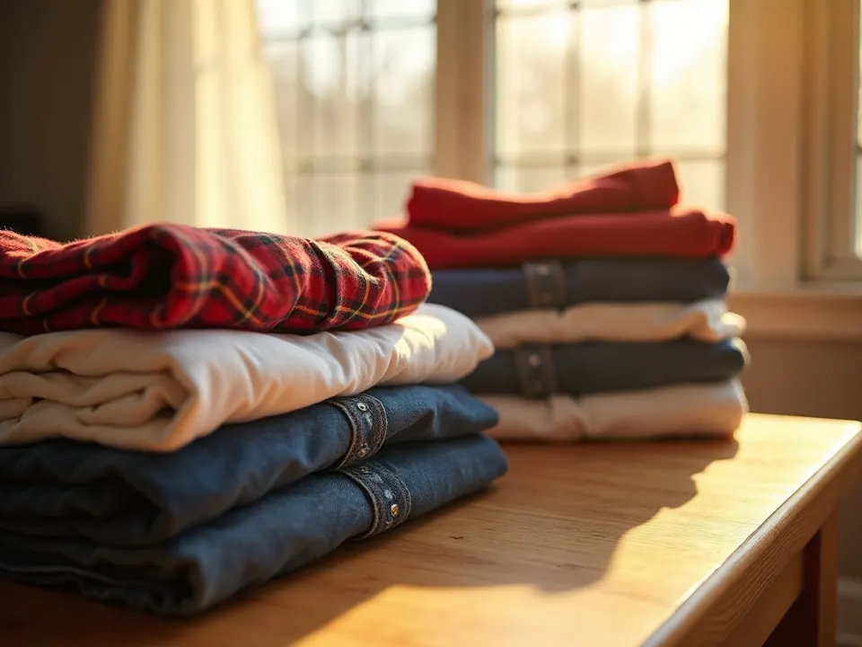 Stacks of freshly folded laundry on a wooden table in warm window light