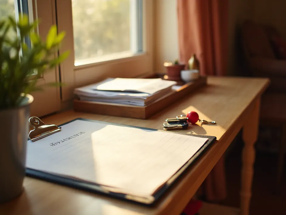 Entryway table with a clipboard, house keys on a red keychain, and a tray of folded mail